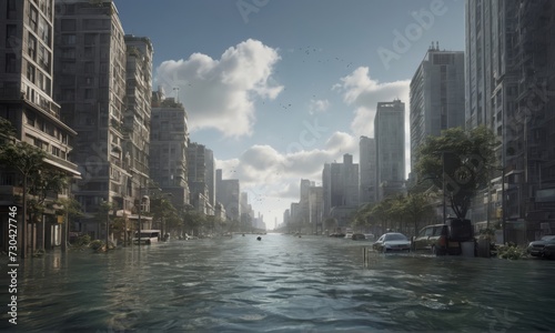A flooded city depicting sea level rise due to climate change. environment. Earth. serious. Image generation AI
 photo