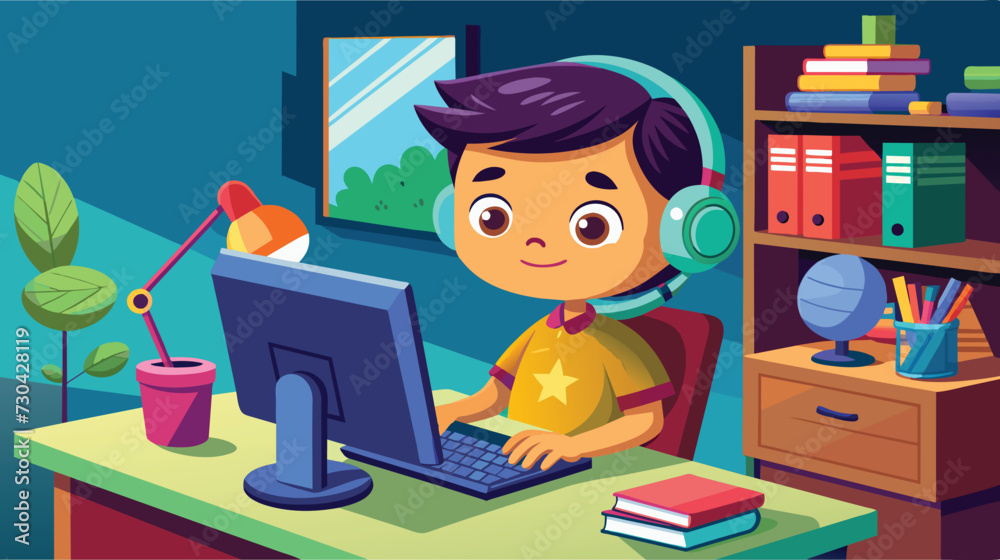 Young Boy Engaged in Online Learning at Home