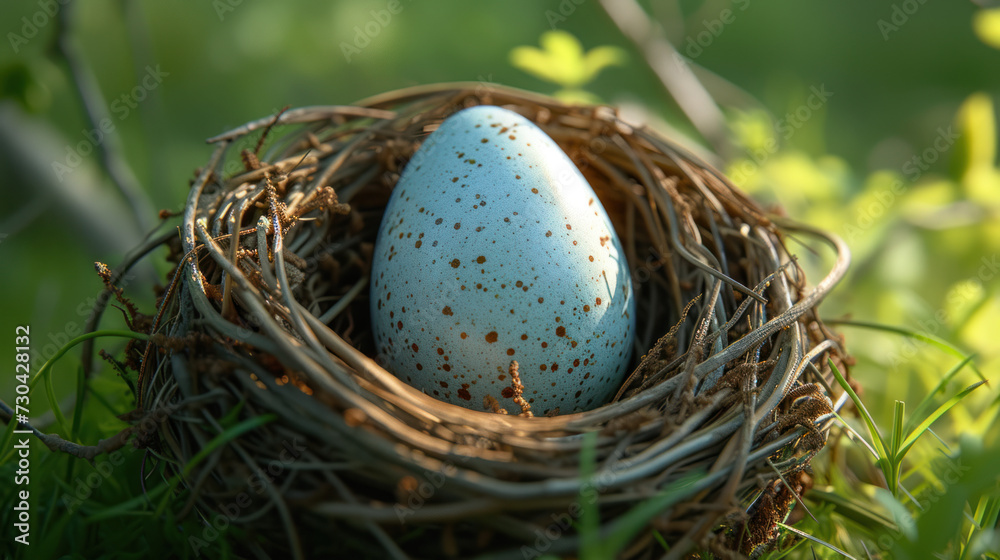 one egg in a bird nest in a green grass one egg in a bird nest in a green grass