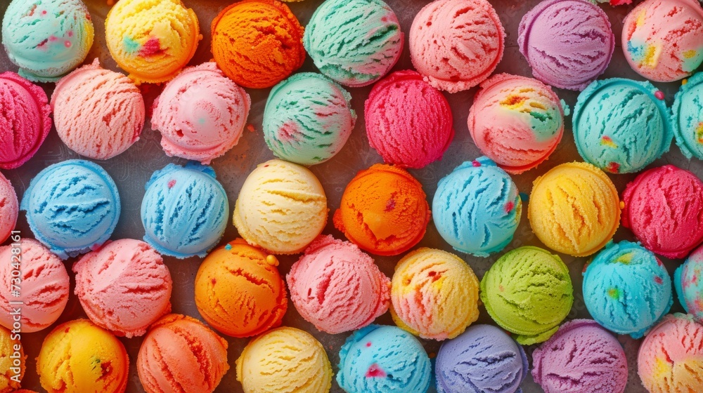 Colorful ice cream scoops in waffle cones background Colorful ice cream scoops in waffle cones background