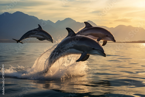 The image captures a heartwarming scene of a pod of dolphins gracefully leaping above the ocean s surface at sunset. 