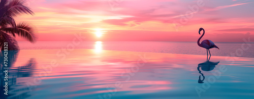 pink silhouette of flamingo and sunset sky reflection in swimming pool at tropical villa.  flamingo standing peacefully in the water by colorful sunset