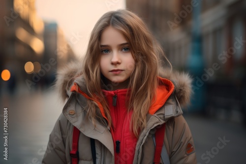 Portrait of a beautiful young girl in a red jacket on the street