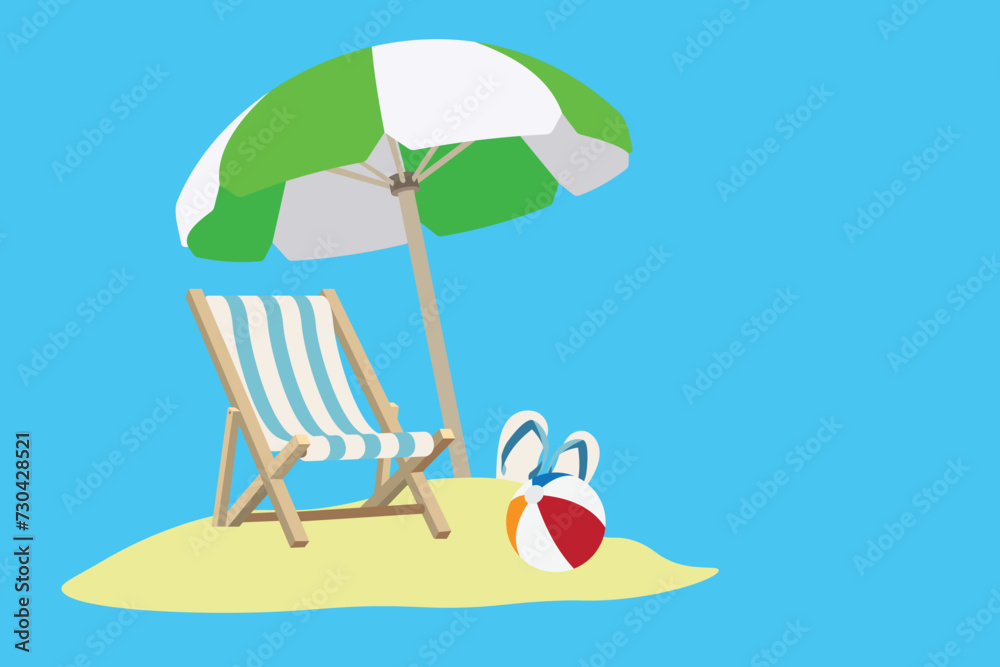 Beach chair on sand, slippers, ball and green and white umbrella, vector illustration on blue background. Travel concept and vacation at the sea.