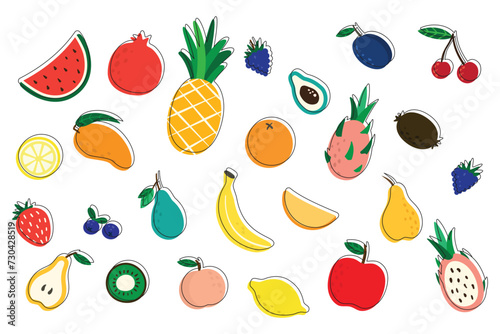 Fototapeta Naklejka Na Ścianę i Meble -  A set of different fruits, apple, orange, mango, pineapple, pear, banana, kiwi and others. Healthy way of eating, practical diet during sports, fruits on white background.