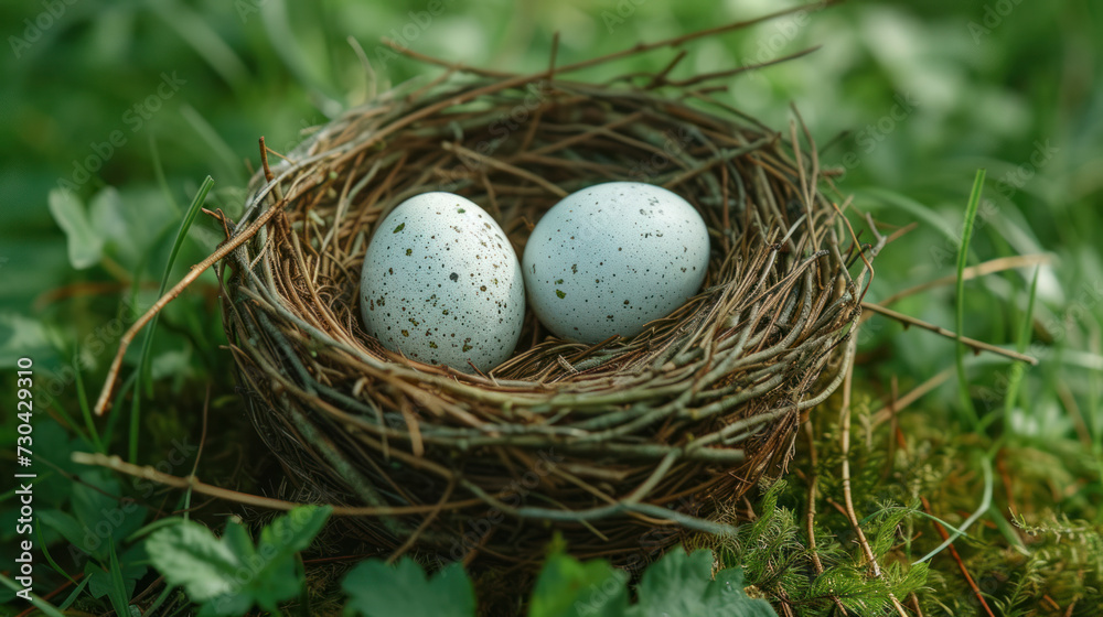 two eggs in a bird nest in a green grass two eggs in a bird nest in a green grass