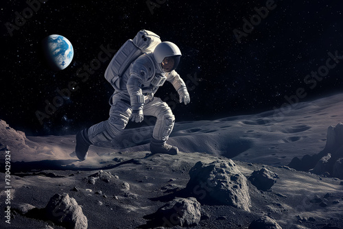 Astronaut leaping on the moon with Earth in the background