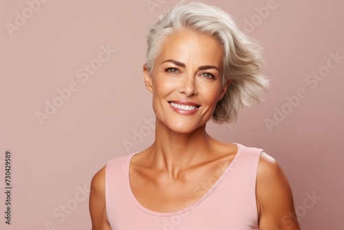 Portrait of a beautiful middle aged woman with short blond hair.