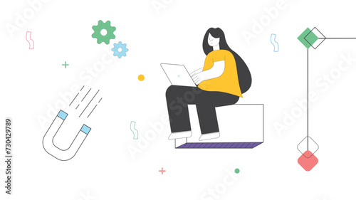 A dynamic vector illustration featuring a skilled female character excelling in customer service, client management, and closing lucrative business deals. Perfect for your projects.