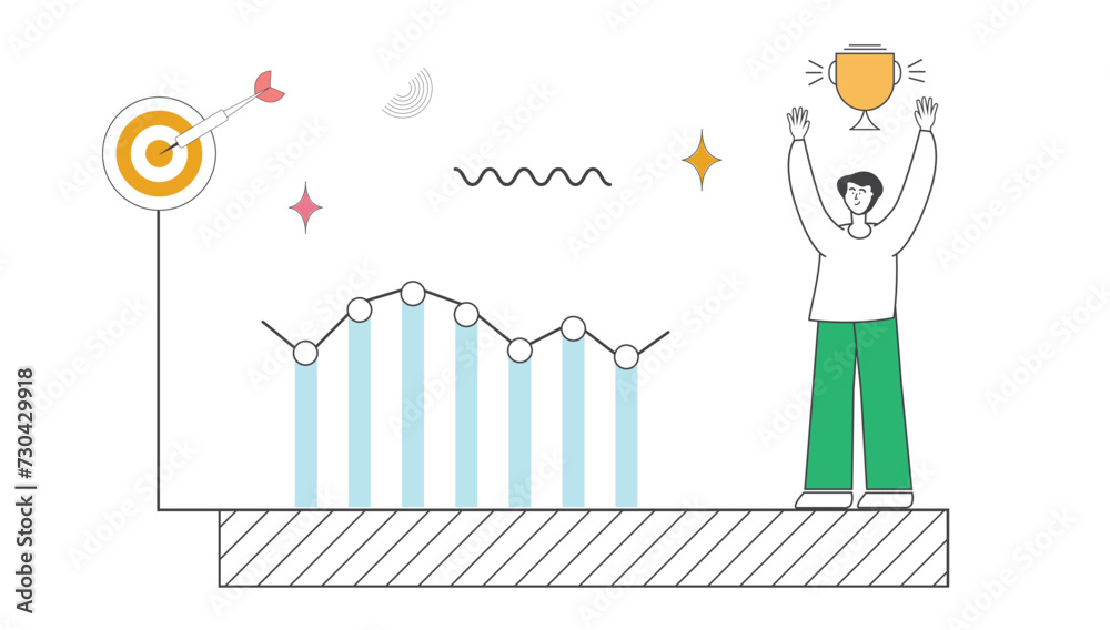 Elevate your project with a dynamic vector illustration featuring a male character, arrow, trophy, graph, and Memphis-inspired design. Elevate your project with a dynamic vector illustration featuring a male character, arrow, trophy, graph, and Memphis-inspired design.