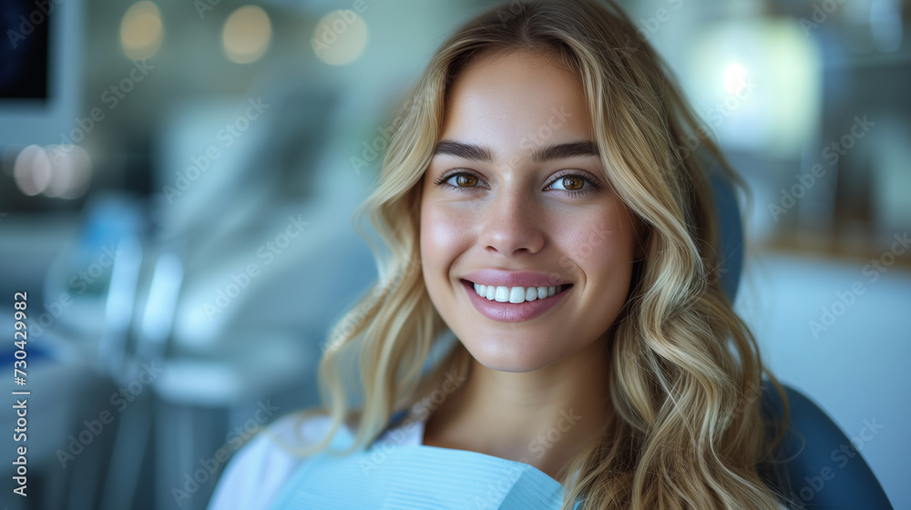 Woman with electric blue eyes smiling happily in dental chair