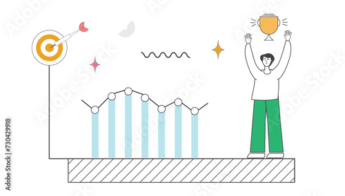 Elevate your project with a dynamic vector illustration featuring a male character, arrow, trophy, graph, and Memphis-inspired design.