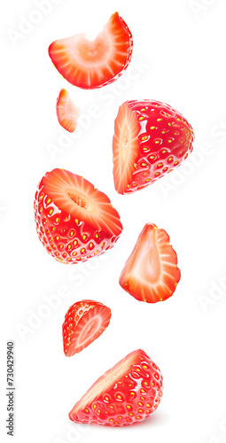 Floating strawberry pieces isolated on white background