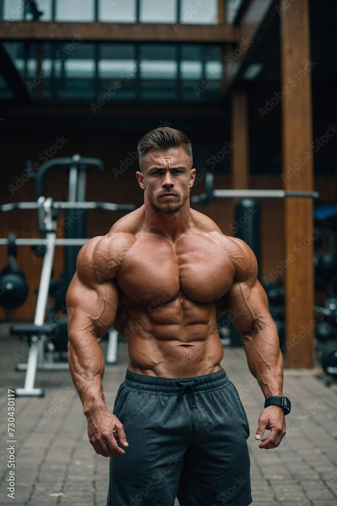 Male Bodybuilder Striking a Pose in a Gym. Generative AI.