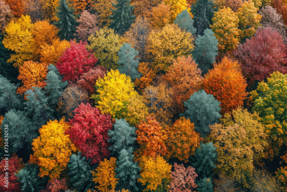Drone photograph of a dense forest in autumn, displaying a spectrum of fall colors. Concept of seasonal changes and nature's palette. Generative Ai. Drone photograph of a dense forest in autumn, displaying a spectrum of fall colors. Concept of seasonal changes and nature's palette. Generative Ai.