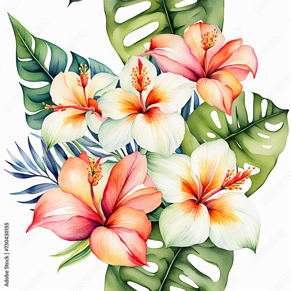 Fototapeta premium Hand drawn watercolor flower, tropical floral pattern and background, botanical seamless