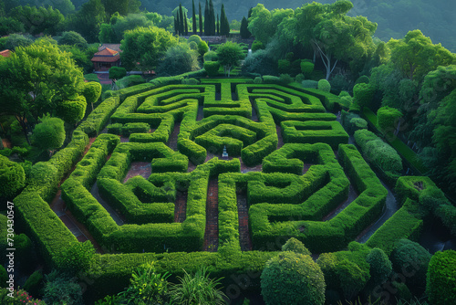 Overhead shot of a maze garden, displaying the intricacy and playfulness of the design. Concept of human creativity and nature. Generative Ai.