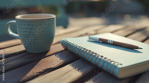 A blue cup with steam and a notebook with a pen on a wooden outdoor table