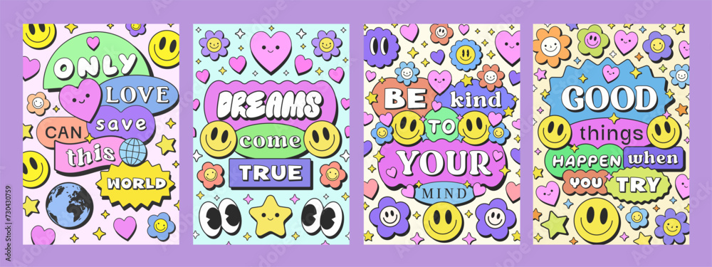 Cool Groovy Smile Pop Art Posters Collection. Set Of Trendy Y2k Patterns. Funky Retro Placards.
