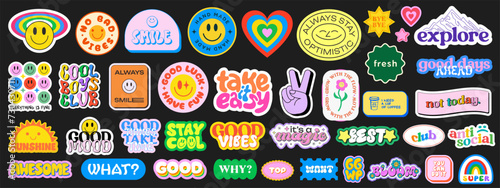 Set Of Cool Y2k Stickers Vector Design. Collection Of Pop Art Patches. Smile Emoji Graphic Elements. Groovy Badges. Graffiti Street Art Typography.