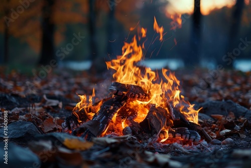 Crackling campfire, flames dancing, on a cool autumn evening. © furyon