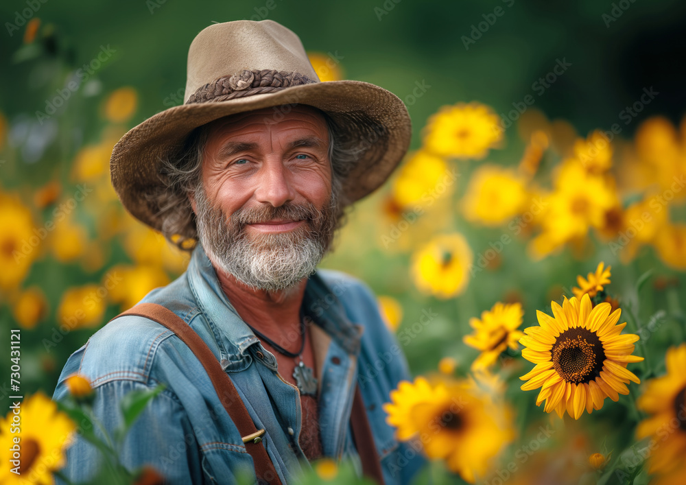 Happy mature farmer in sunflower garden