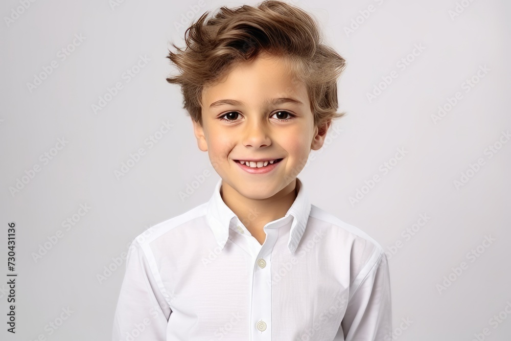 Portrait of a cute little boy in a white shirt on a gray background Portrait of a cute little boy in a white shirt on a gray background
