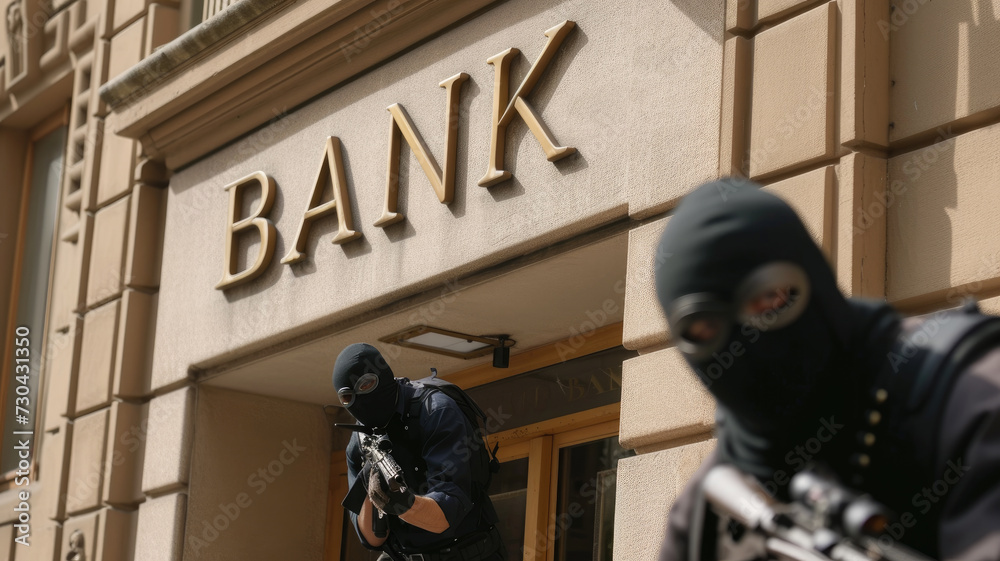 Bank robbery armed robbers in black masks outside building two men Bank robbery armed robbers in black masks outside building two men