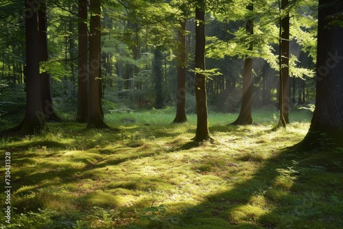 Dappled light casting patterns on a forest floor  a dance of shadows and light