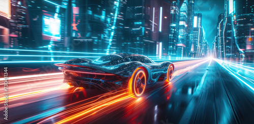 Super sports car moves fast on city road at night, luxury black auto drives on highway. Futuristic racing vehicle on street in future. Concept of speed, motion, fire, cyberpunk