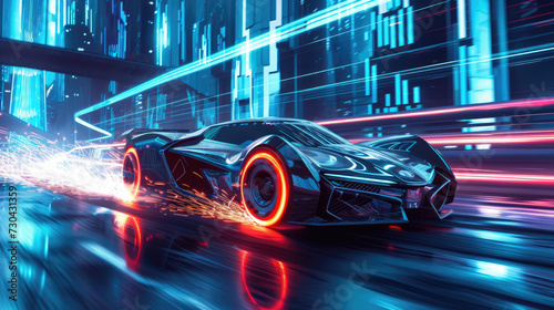 Super sports car drives fast on city road, futuristic auto moves on highway with fire and sparks. Luxury racing vehicle on street in future. Concept of speed, motion, blue light, wheel © scaliger
