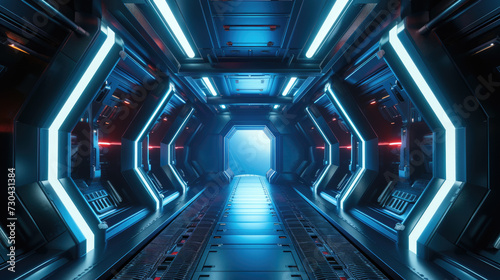 Futuristic corridor in spaceship, interior of starship or space station background. Inside dark room of spacecraft with led light, computer terminals, control panels. Concept of technology