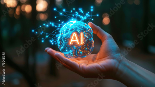 AI technology on human hand, artificial intelligence digital tool like brain on abstract dark background. Concept of data, tech, future, connect, innovation, research and computer #730431395