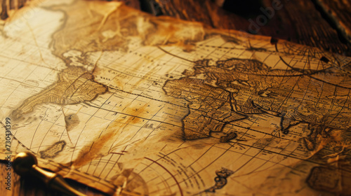 Vintage paper world map on wooden table, old brown worn rare sheet, background for journey theme. Concept of antique, history, retro, travel, treasure and geography.