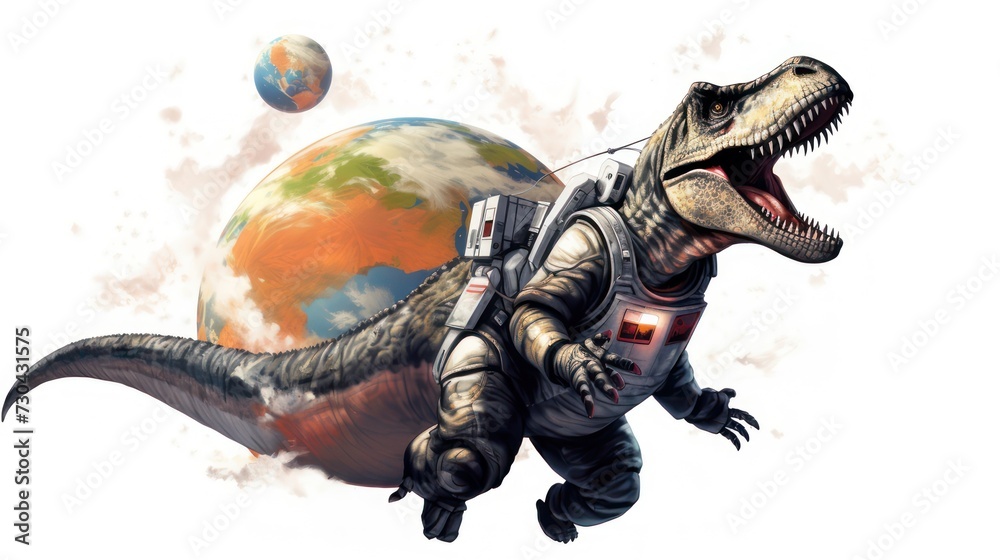 Fototapeta premium Dinosaur t rext astronaut with planet earth in the background from outer space.