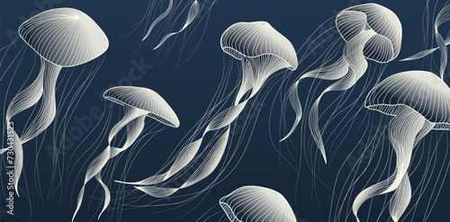 Dark blue art background with jellyfish in white line art style. Animalistic banner for decoration, print, textile, wallpaper, interior design, poster, packaging.