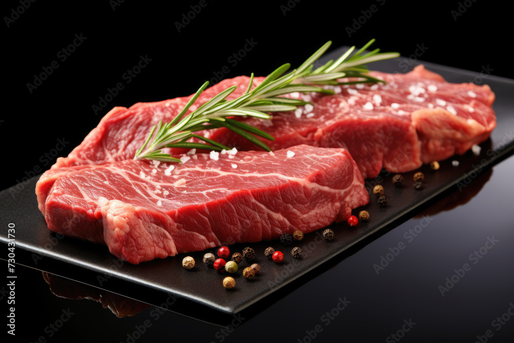 Pieces of raw roast beef meat with with pepper and rosemary on a black tray on a black glass table with reflection