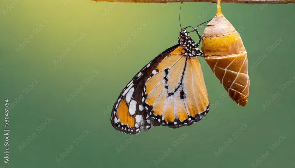 Naklejka premium Amazing moment ,Monarch Butterfly, pupae and caterpillar suspended. Concept transformation