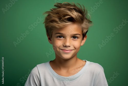 Portrait of a beautiful young boy with blond hair on a green background
