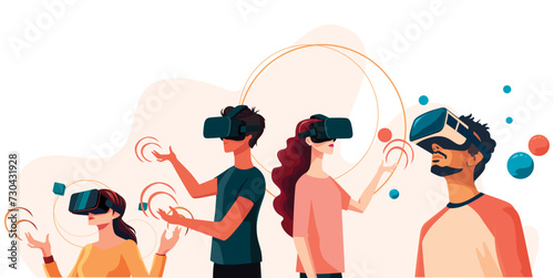 Flat vector collection featuring young people wearing virtual reality glasses. Entertainment meta universe. Interaction and exploration of virtual world