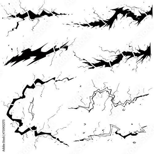  set of drawing line art comic manga effect lightning power thunder, isolate with white background generate AI