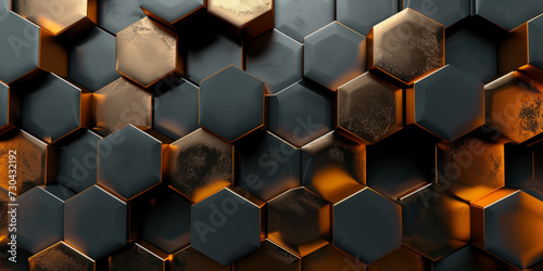 Abstract futuristic luxurious digital geometric technology hexagon background banner illustration 3d - Glowing gold  brown  gray and black hexagonal 3d shape texture wall