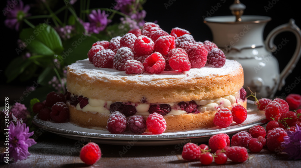 Vintage style photo of a layered cream cake with raspberries and with flowers in the back
