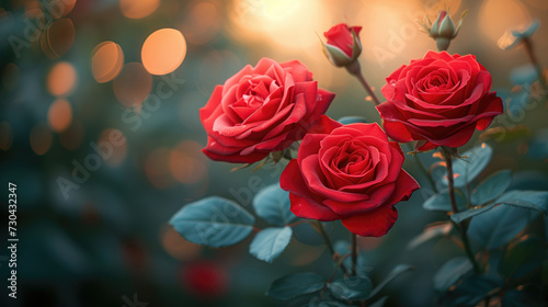 A floral background with red roses in soft focus with bokeh lights  for Valentine s Day promotions  wedding invitations  greeting cards.