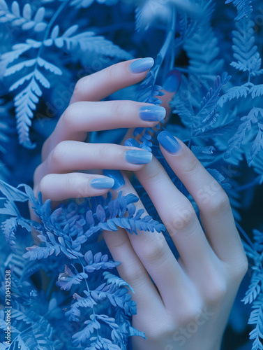 an electric blue nail manicure, in the style of highly detailed foliage, light purple and gray, blurry details, ethereal trees, organic material, contest winner