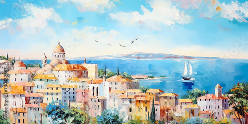 Panoramic view of the old city of Croatia. Summer mediterranean landscape. Oil painting of seaside cityscape