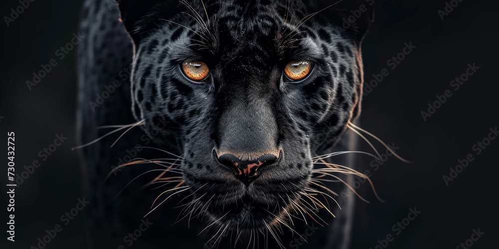 A captivating Panther portrait on a black background, Copy Space.