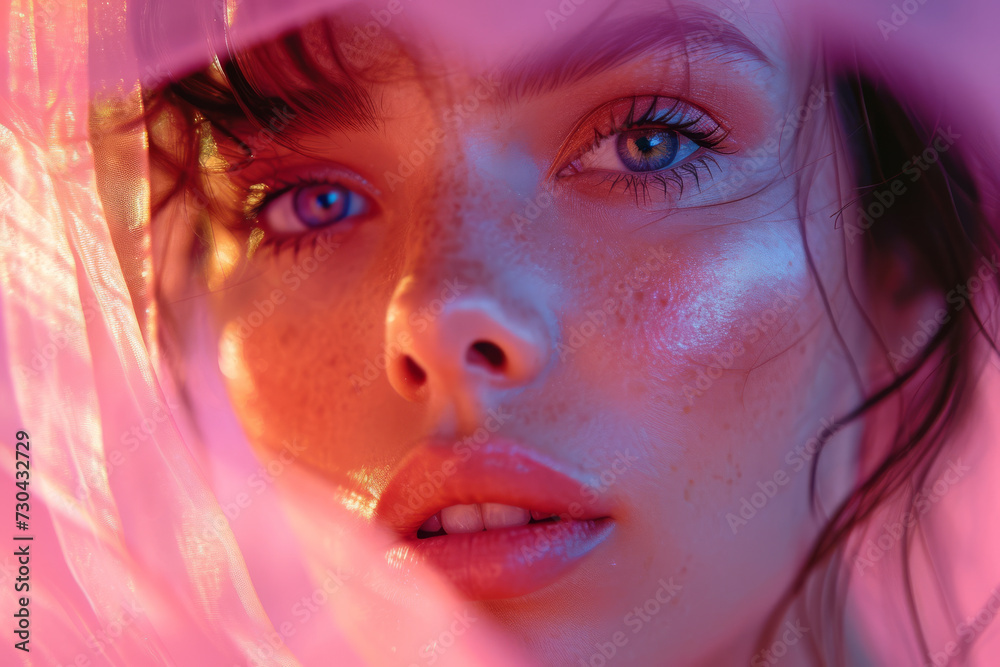 A fashion photoshoot with pink gels, adding a soft and romantic quality to the images. Concept of color gels in fashion photography and style. Generative Ai. A fashion photoshoot with pink gels, adding a soft and romantic quality to the images. Concept of color gels in fashion photography and style. Generative Ai.