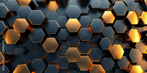 Abstract futuristic luxurious digital geometric technology hexagon background banner illustration 3d - Glowing gold, brown, gray and black hexagonal 3d shape texture wall
