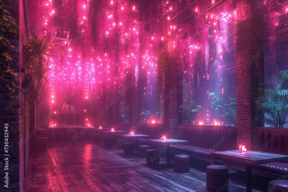 A party venue lit with magenta gels, setting a fun and playful mood. Concept of event lighting and atmospheric creation. Generative Ai.
